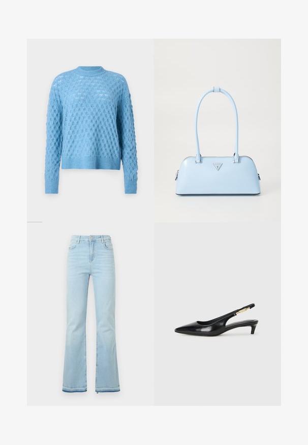Jasnoniebieski sweter z dzianiny z teksturowanym wzorem w diamenty, okrągłym dekoltem i długimi rękawami. Prążkowane mankiety i dół dodają szczegółów.; Jasnoniebieskie dżinsy w stylu dzwonów, wykonane z denimu, z wysokim stanem, przednimi kieszeniami i surowym wykończeniem u mankietów, idealne na co dzień.; Czarne skórzane szpilki typu slingback z ostrym noskiem, posiadające smukły obcas i złoty akcent na regulowanym pasku. Gładka tekstura.; Jasnoniebieska torebka o sztywnym kształcie, wykonana z gładkiej skóry, z dwoma uchwytami i trójkątnym logo marki z przodu. Zamek błyskawiczny.