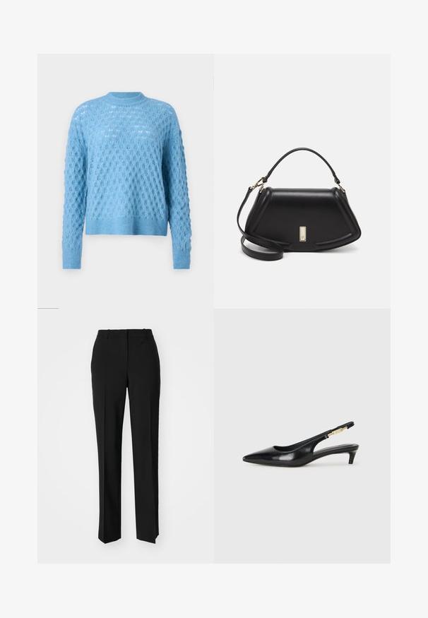 Light blue knitted sweater with a textured diamond pattern, round neckline, and long sleeves. Ribbed cuffs and hem add detail.; Black tailored trousers with a straight-leg design, featuring a smooth texture and crisp creases along the front. No visible hardware.; Black leather slingback heels with a pointed toe, featuring a slim heel and a gold-tone accent on the adjustable strap. Smooth texture.; Black leather handbag with a structured design, featuring a cropped shape, top handle, and gold hardware accent. Adjustable shoulder strap included.