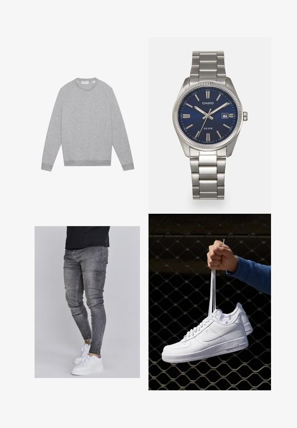 Világosszürke, hosszú ujjú, kerek nyakú pulóver bordás mandzsettával és szegéllyel, sík felületen, egyszerű háttérben elhelyezve.; Fakó szürke farmerből készült skinny farmernadrág, térdén kopott részletekkel, fehér sportcipővel párosítva. Simább anyag, karcsú szabás.; Fehér bőr sportcipők perforációval, kerek orral, lapos talppal és vastag fűzőkkel, látható swoosh logóval és "AIR" felirattal a sarokrészen.; Ezüst színű rozsdamentes acél karóránk sötétkék számlapja van, fém óraszámlálókkal és egy dátumablakkal a 3 órás pozícióban. 50 méterig vízálló.