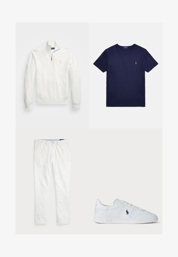 White half-zip pullover made of textured fabric. Features long sleeves, ribbed cuffs, and a small logo on the left chest.; Navy blue cotton t-shirt with a crew neck and short sleeves. Features a small embroidered logo in gold on the chest. Smooth texture.; White chinos made of cotton, featuring a flat front, belt loops, two side pockets, and a single back pocket. Smooth texture with a straight leg.; White leather sneaker with a smooth texture, featuring lace-up closure, a navy logo on the side, and a durable rubber sole.