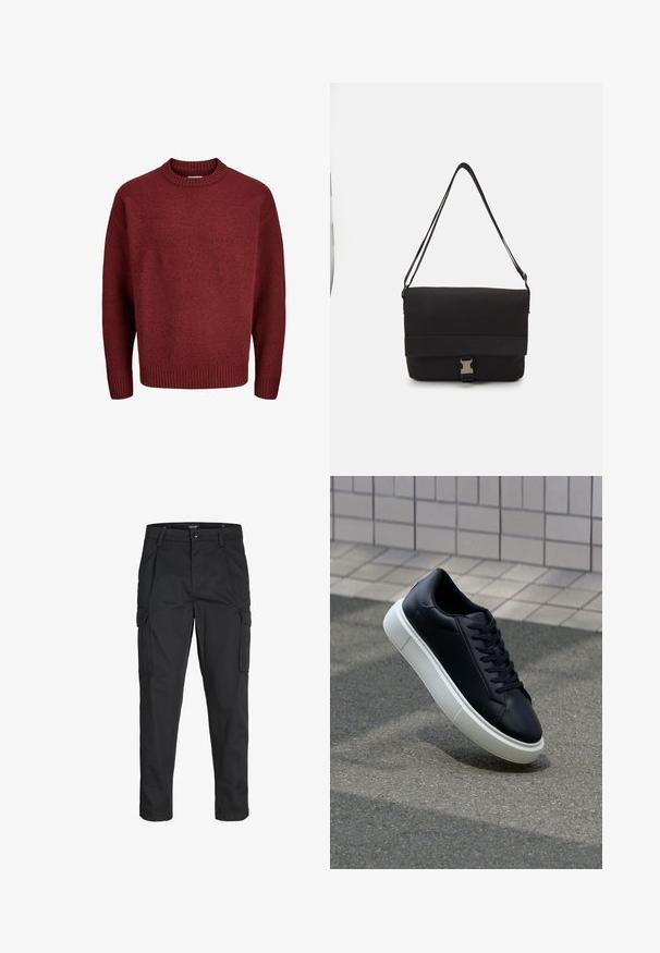 Pull en tricot rouge avec un col rond, des poignets et un ourlet côtelés, présentant un tissu texturé. La silhouette est décontractée et surdimensionnée.; Pantalons cargo noirs en tissu résistant, dotés de plusieurs poches, d'une fermeture par bouton et d'une coupe slim avec des jambes fuselées.; Baskets noires en cuir avec bout arrondi et semelle en caoutchouc blanc. Elles présentent des lacets plats et une couture minimale sur la tige. Semelle texturée pour une bonne adhérence.; Sac messager noir en matériau lisse, avec un rabat repliable, des fermoirs en métal argenté et une bandoulière réglable.