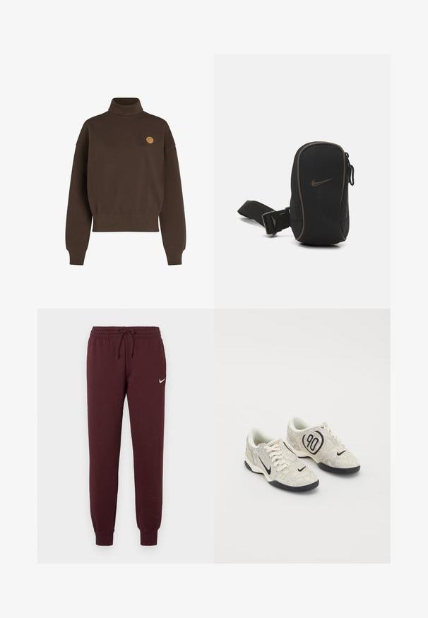 Brun, højhalset sweatshirt med en tekstureret finish. Har sænkede skuldre og et lille, sandfarvet cirkulært logo på brystet. Ribkanter vedærmerne og kanten.; Bordeauxfarvede sweatpants med elastisk talje og snor. Har ribbede mansjetter og et lille hvidt Nike-logo på venstre lår. Glat tekstur.; Nike sneakers med en beige og grå tekstureret overdel, sorte accenter, et stort "90" logo og en hvid snørebåndslukning. Sort sål.; Sort Nike-pung med lynlås, struktureret stof, brune accenter og en aftagelig rem. Har et fremtrædende Nike-logo på forsiden.