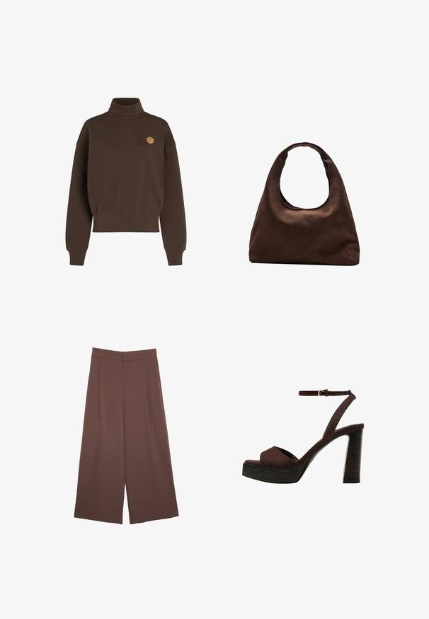 Brun, højhalset sweatshirt med en tekstureret finish. Har sænkede skuldre og et lille, sandfarvet cirkulært logo på brystet. Ribkanter vedærmerne og kanten.; Brune bredbunde bukser med en glat tekstur, der har høj talje og plisseringer foran. Stoffet er let og falder løst.; Brune ruskinds højhælede sandal med åben tå, justerbar ankelrem og en stribet plade sål.; Blød brun hobo-stil håndtaske med en enkelt bred strop og en buet åbning på toppen, vist på en hvid baggrund.