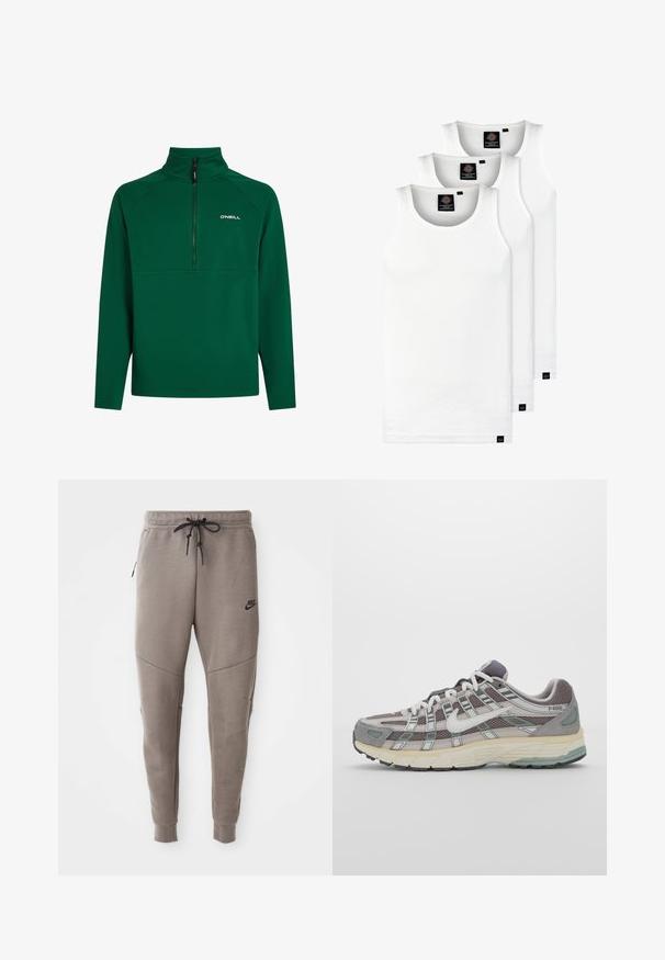 Pullover in felpa verde con colletto a mezza zip, caratterizzato da un design con cuciture rinforzate e un logo sul lato sinistro del petto. Tessuto morbido. Maniche lunghe.; Tre canotte bianche a coste in cotone. Presentano un colletto rotondo e piccole etichette nere vicino all'orlo. Disponibile in diverse taglie.; Pantaloni sportivi Nike grigi con cintura regolabile, gambe affusolate, tasche laterali e dettagli di cucitura distintivi. Tessuto morbido e texture.; Scarpa sportiva grigia con tomaia in mesh e suede, dettagli bianchi, suola ammortizzata e un design distintivo con elementi riflettenti.