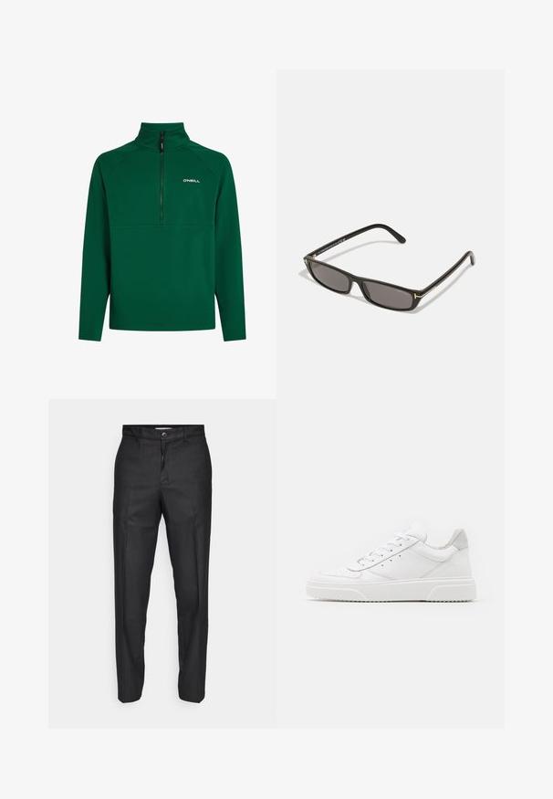 Green fleece pullover with a half-zip collar, featuring a reinforced seam design and a logo on the left chest. Soft texture. Long sleeves.; Black trousers made of a smooth fabric, featuring a front button closure, straight legs, and no visible pockets or patterns.; White leather sneakers with a smooth finish, rounded toe, flat laces, and a textured sole. Grey suede accent at the heel.; Black rectangular sunglasses with dark lenses. Plastic frame with a matte finish. Gold accents on the arms and logo branding.