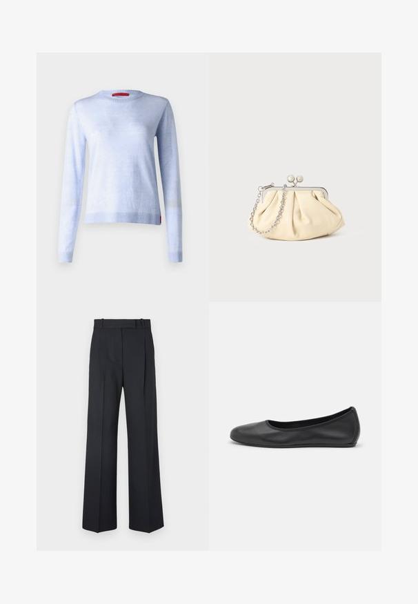 Gaiši zils džemperis, izgatavots no mīksta materiāla. Ar garām piedurknēm, apaļu kakla izgriezumu un ribu apdari ap apakšmalu un piedurkņu galiem. Sarkans etiķetes detalizējums.; Tumši zili svītraini bikses ar augstu jostu, platu kāju dizainu un bez redzamiem aksesuāriem vai rotājumiem. Gluda tekstūra un pielāgota forma.; Melna ādas baleta kurpe ar noapaļotu purngalu, gludu tekstūru, minimālu šuvju detalizāciju un elastīgu zoles dizainu.; Rūpīgi pleatota bežīga ādas somiņa ar sudraba metāla rāmi, kurai ir divas apaļas dekoratīvas sprādzes un sudraba ķēdes siksna.