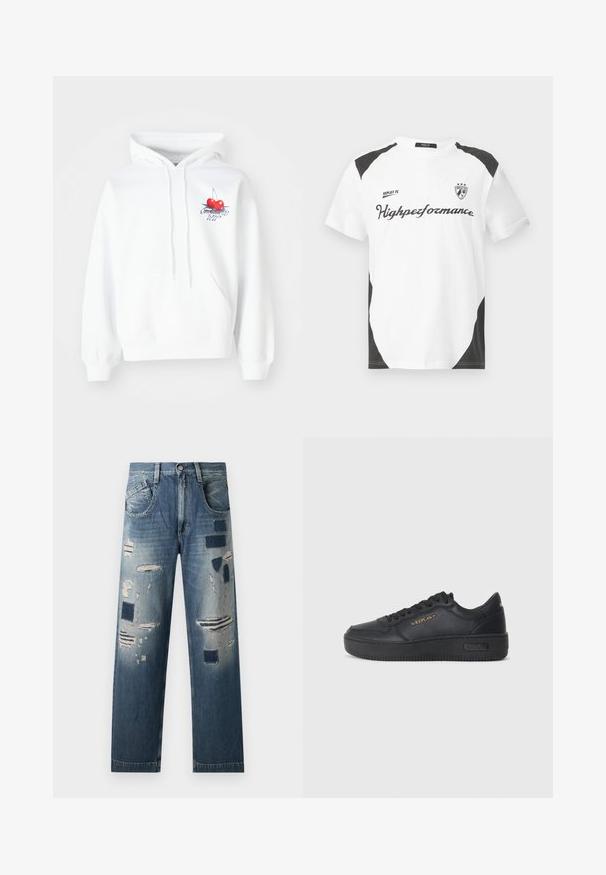Hanorac alb cu un grafism de două cireșe roșii, cu un contur și litere albastre. Are un buzunar tip cangur și o glugă cu șnur.; Tricou alb cu mânecă scurtă și accente negre. Prezintă logo-ul "REPLAY FC" și textul "Highpeformance" într-un font sportiv. Fabricat dintr-un material neted.; Jeans din denim cu petice distruse și nuanțe variate de albastru, având o croială dreaptă și un design tradițional cu cinci buzunare.; Replay EPIC HIGH - Sneakers low - black