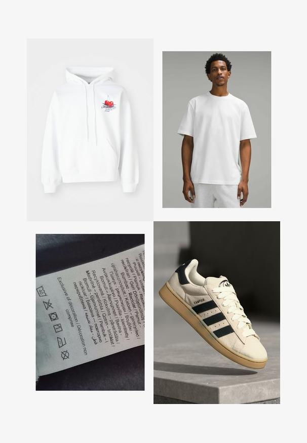 Valge kapuutsiga särk, millel on kaks punast kirssi kujutav graafika, kontuur ja sinine kiri. Omab taskut ja reguleeritavat kapuutsi.; Valge puuvillane T-särk lühikeste varrukatega, ümar kaelus, mugav lõige. Sile tekstuur, lihtne disain, ilma nähtavate mustrite või aktsentideta.; Sildi silt, millel on mitmekeelsed tekstid, hooldusmärgid ja ringlussevõtuikoonid, trükitud pehme kangalaadsele materjalile heledates toonides.; Beež nahast tossud kolme tumesinise triibuga, valged nöörid ja pruun kummitald. Omab logo keelel ja teksti "CAMPUS".