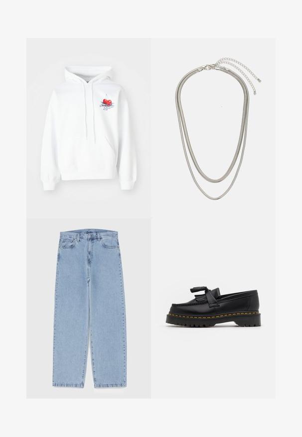 White hoodie with a graphic of two red cherries, an outline, and blue lettering. Features a kangaroo pocket and drawstring hood.; Light blue denim jeans with straight leg design, featuring a mid-rise waist, five pockets, and a button and zipper closure.; Black leather loafer with a tasseled accent, featuring a chunky black sole and yellow stitching along the edge. Textured finish.; Three-layered silver metal necklace featuring sleek, flexible chains with a slight sheen, secured with a lobster clasp and adjustable chain.