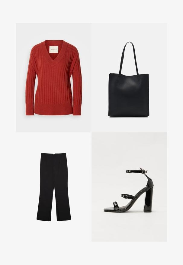 Pull rouge à côtes avec un col en V, des manches longues et une taille ajustée. Fabriqué à partir d'un matériau doux et texturé. Étiquette visible à l'intérieur de l'encolure.; Pantalon noir avec une coupe droite, doté de poches avant et d'éclairs sur l'ourlet. Fabriqué en tissu doux et lisse. Convient à diverses occasions.; Sandales à talons vernies noires avec un bout carré, des sangles autour de la cheville et des boucles en argent. Dotées d'un talon bloc épais pour plus de stabilité.; Sac fourre-tout en cuir noir avec une texture lisse, de forme rectangulaire et deux longues poignées. Pas de matériel ou d'ornementations visibles.