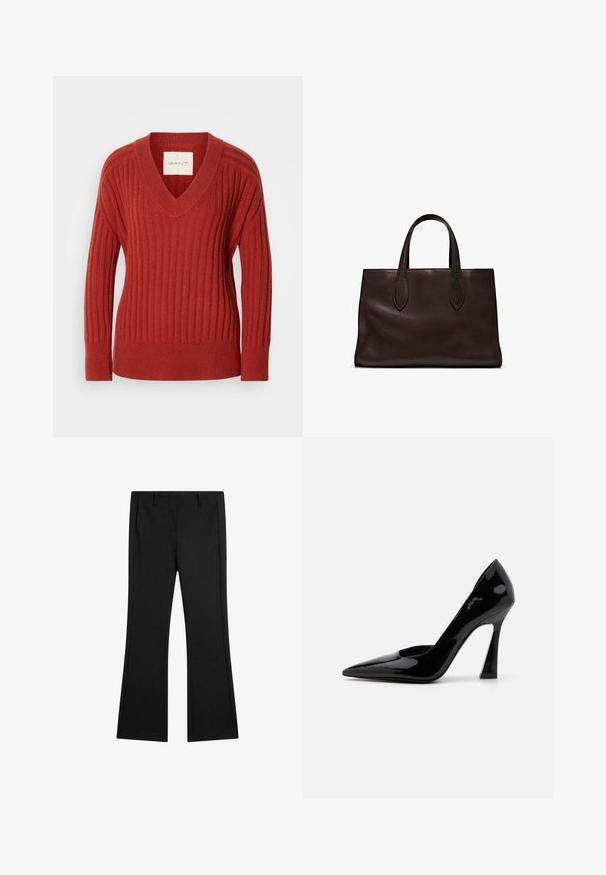 Roter gerippter Pullover mit V-Ausschnitt, langen Ärmeln und taillierter Passform. Hergestellt aus einem weichen, strukturierten Material. Etikett im Innenkragen sichtbar.; Schwarze, ausgestellte Hosen aus glattem Stoff, mit Vordertaschen und einem maßgeschneiderten Schnitt, der gepresste Falten für einen eleganten Look aufweist.; Schwarze Lackleder-Pumps mit hohen Absätzen, spitz zulaufender Zehenform und einem eckigen Stiletto-Absatz, die eine glatte, glänzende Textur aufweisen.; Braune Ledertasche mit zwei langen Griffen, strukturierte rechteckige Form, glatte Textur und dezente Nähdetails.