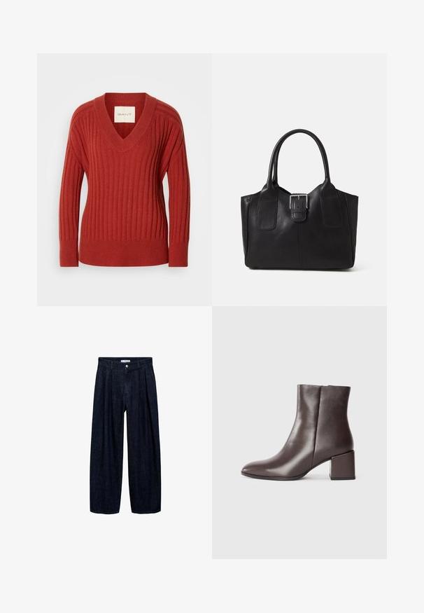 Red ribbed sweater with a V-neck, long sleeves, and a fitted waist. Made from a soft, textured material. Label visible inside neckline.; Dark denim wide-leg trousers with pleats at the waist, featuring a front button and belt loops. Smooth texture and full-length design.; Brown leather ankle boot with a sleek design, pointed toe, and square block heel. Smooth texture and minimalistic silhouette.; Black leather tote bag with smooth texture, structured shape, two handles, and a prominent silver buckle detail on the front.