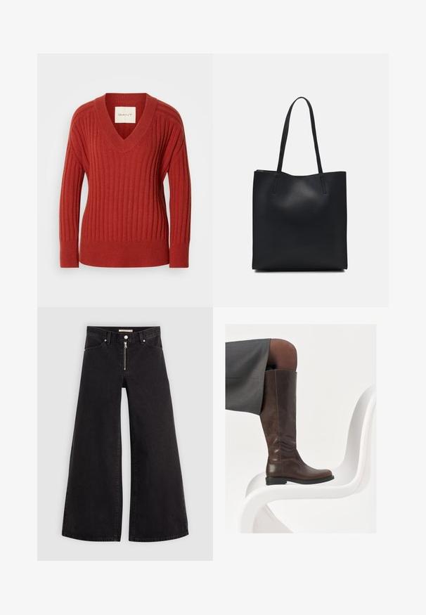 Suéter vermelho com textura em ribanas, decote em V, mangas longas e cintura ajustada. Feito de um material macio e texturizado. Etiqueta visível no interior do decote.; Calças de ganga de perna larga em denim preto com fecho éclair à frente, design de cinco bolsos e detalhes de costura subtil. Textura suave e estilo casual.; Bota de couro castanha até ao joelho com bico arredondado, textura suave e detalhes de costura mínimos, colocada contra um fundo claro em uma cadeira branca.; Bolsa tote preta em couro com textura lisa, forma retangular e duas alças longas. Sem hardware ou enfeites visíveis.