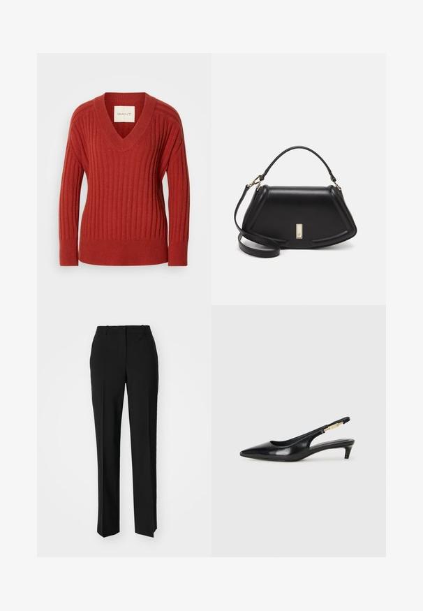 Rode geribbelde trui met een V-hals, lange mouwen en een getailleerde taille. Gemaakt van een zacht, gestructureerd materiaal. Label zichtbaar aan de binnenkant van de hals.; Zwarte op maat gemaakte broek met een recht model, voorzien van een soepele textuur en scherpe plooien aan de voorkant. Geen zichtbare hardware.; Zwarte leren slingback hakken met een spitse neus, voorzien van een slanke hak en een goudkleurige accent op de verstelbare band. Gladde textuur.; Zwarte leren handtas met een gestructureerd ontwerp, featuring een verkorte vorm, bovenhandvat en gouden hardwareaccent. Inclusief verstelbare schouderband.