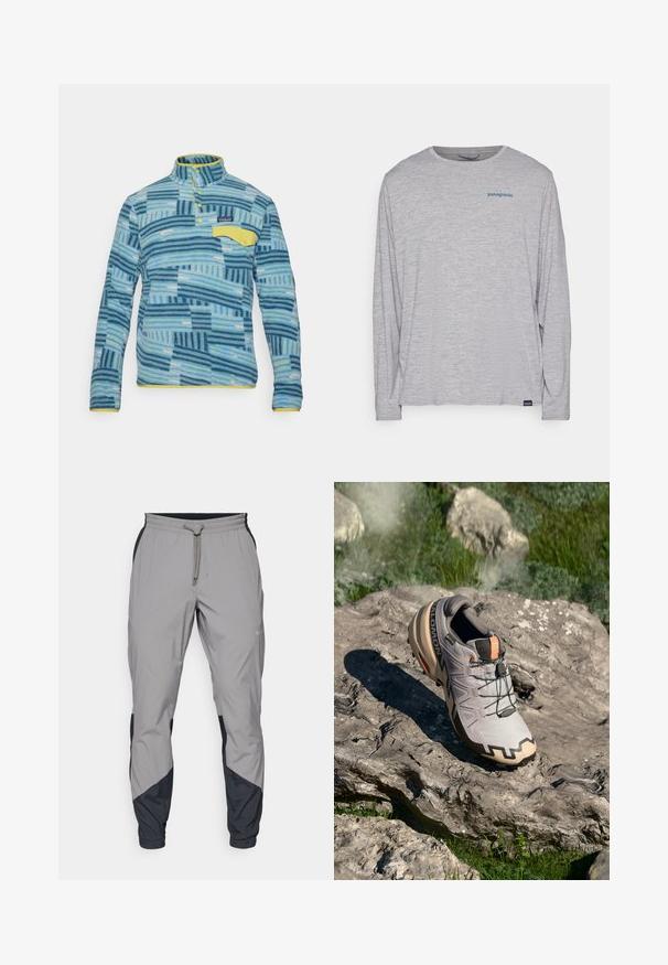 Flispulover z različnimi modrimi črtami in vzorci. Ima rumen ovratnik in žep. Zapenjanje pri vratu z oznako na prsih.; Svetlo siva majica dugih rukava od mekog, teksturiranog materijala. Ima okrugli izrez i mali plavi Patagonia logo na grudima.; Lahki, sivi atletski hlače z črnimi dodatki. Elastika v pasu, zategovalna vrvica, oblikovana noga in stranske žepe.; Svetlo sivi čevlji za trail tek z bež detajli, teksturirano zgornji del, črni vezalke in izrazit profil na podplatu. Vsebujejo logotip znamke.