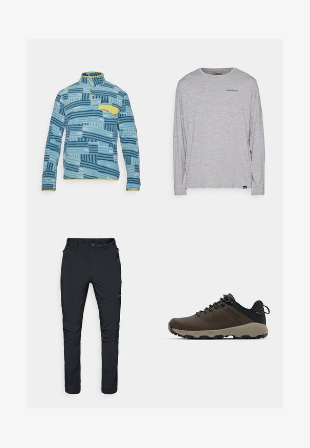 Fleece-Pullover in verschiedenen blauen Streifen und Mustern. Mit einem gelben Kragen und einer Tasche. Knopfkragen mit einem Etikett auf der Brust.; Hellgraues Langarm-T-Shirt aus weichem, strukturiertem Stoff. Verfügt über einen Rundhalsausschnitt und ein kleines blaues Patagonia-Logo auf der Brust.; Schwarze Outdoor-Hosen mit geradem Schnitt, ausgestattet mit Reißverschlusstaschen, Gürtelschlaufen und einer leichten, strapazierfähigen Stofftextur.; Braune wasserdichte Sneakers mit einer strukturierten Oberseite, perforierten Akzenten, schwarzem Fersenschutz und einer grauen Gummisohle. Die Schnürsenkel sind mit metallischen Enden gestaltet.