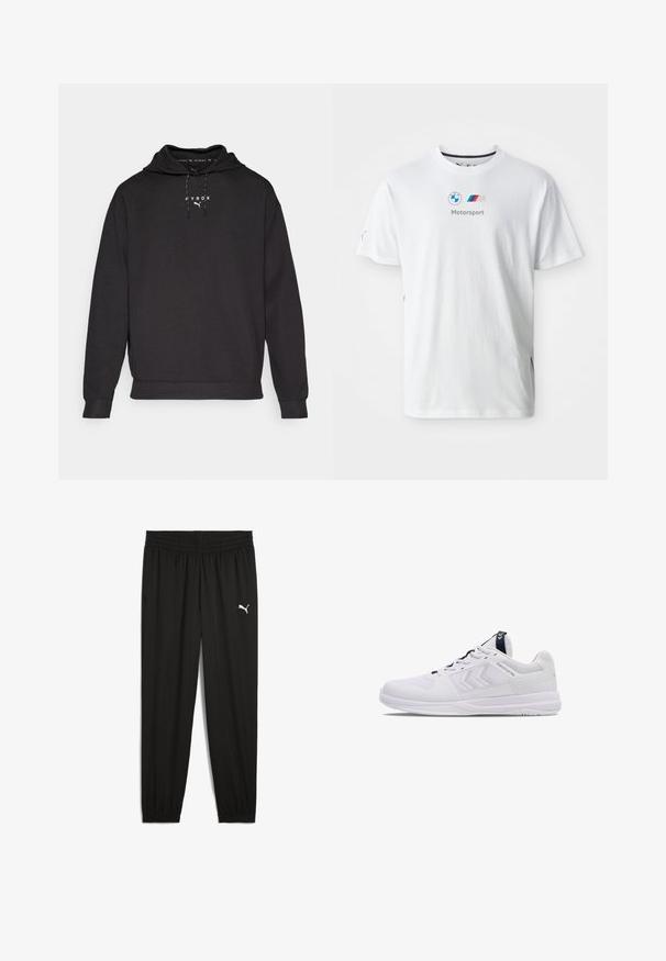 Čierna mikina s kapucňou vyrobená z mäkkej tkaniny, s prednou klokánkovou kapsou a bielym logom na hrudníku. Rukávy sú elastické.; Biela bavlnená tričko s logom BMW, textom "Motorsport" v šedej farbe a farebnými akcentmi na bočných stranách. Krátke rukávy a dizajn s okrúhlym výstrihom.; Čierne športové nohavice vyrobené z ľahkého materiálu, s elastickým pásom, zužujúcimi sa nohavicami a bielym logom Puma na ľavom stehne.; Biele atletické tenisky s textúrovaným syntetickým zvrškom, námorníckymi akcentmi, odpruženou podrážkou a zjednodušeným systémom šnurovania pre lepšiu oporu.