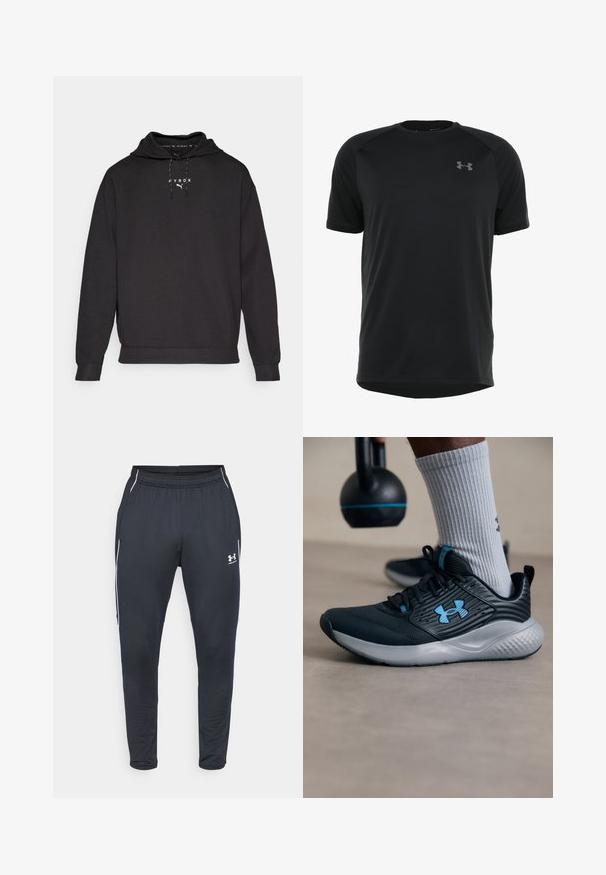Černá mikina s kapucí vyrobená z měkké tkaniny, s přední kapsou ve stylu klokan a bílým textem loga na hrudi. Manžety jsou žebrované.; Černé krátké sportovní tričko vyrobené z hladkého, lehkého materiálu. Má kulatý výstřih a diskétní logo na hrudi.; Černé sportovní kalhoty vyrobené z hladkého textilu, s elastickým pasem, tapered nohavicemi a bílými bočními pruhy. Obsahují logo Under Armour.; Černá sportovní obuv s modrými akcenty, texturovaným svrškem a šedou podrážkou. Nosená se šedými žebrovanými ponožkami, vedle černého kettlebellu.