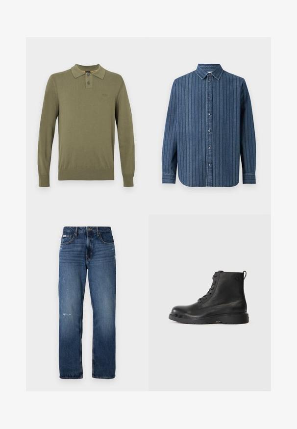 Tamsiai žalios ilgos rankovės polo marškiniai, pagaminti iš lygaus audinio, su klasikine apykakle, dviem mygtukais ir lanksčiomis rankogaliais bei apačia.; Samsøe Samsøe SADAMON SHIRT - Marškiniai - denim; Mėlynos džinsinės kelnės su tiesiu klešnių dizainu. Yra šiek tiek nusidėvėjimo ir šviesių dėmių priekyje, su klasikiniu uždarymu mygtuku.; Juodas kulkšninis botas, pagamintas iš tekstūruotos odos, su apvaliu pirštu, raištelių užsegimu ir tvirtu juodu guminiu padu. Yra kilpa ant kulno.