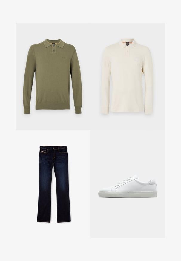 Olive zeleno dolga polo majica z dolgimi rokavi, narejena iz gladkega blaga, z značilnim ovratnikom, dvema gumboma in rebrastimi manšetami ter robom.; Polo majica z dolgimi rokavi v svetlo bež barvi, izdelana iz gladkega blaga, z ovratnikom polo, dvobočnim zapenjanjem in majhno logo nalepko na prsih.; Temno modri jeans z ravnim krojem nogavic, s pomarančnim šivom, z zadrgo in sprednjimi žepi. Gladka tekstura in standardni pas.; Bela športna obutev z gladkim usnjenim zgornjim delom in nizkim profilom. Ima zaokrožen nos, šest lukenj za vezalke in teksturiran gumijast podplat.