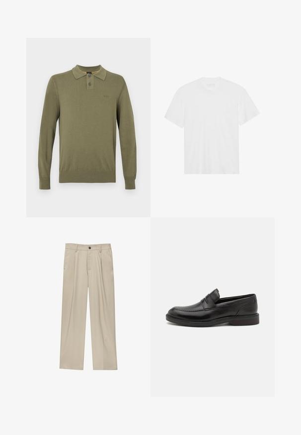 Olijfgroen polo met lange mouwen, gemaakt van een gladde stof, met een klassieke kraag, een knoopsluiting met twee knopen, en ribgebreide manchetten en zoom.; Witte katoenen t-shirt met korte mouwen, ronde hals en rechte zoom. Gladde textuur, minimalistisch ontwerp zonder patrons of accenten.; Beige broek met een rechte snit, voorzien van een enkele zwarte knoop, riemlussen en zijzakken. Glad stoffen textuur en een minimalistisch ontwerp.; Zwarte leren loafers met een gestikte teendetail, dubbele horizontale banden over de bovenkant en een houten hak. Glad oppervlak en ronde vorm.