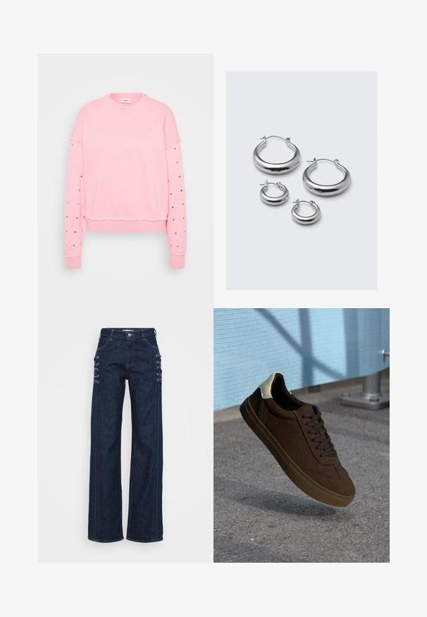 Rosa genser med rund hals, kort design og lange ermer med sølvhjerter langs ermene. Mykt bomullsstoff.; Mørkeblå denim vid ben jeans med snøring på sidene, kontrasterende oransje sømmer og en klassisk fem-lomme design.; Brune semskede lavtoppsneakers med sorte snorer, har en hvit hælhette og teksturerte sømdetaljer. Gummisåle.; Fire par med sølv hoops i forskjellige størrelser: store glatte sirkler og mindre avrundede stiler med en polert finish og enkle låser.