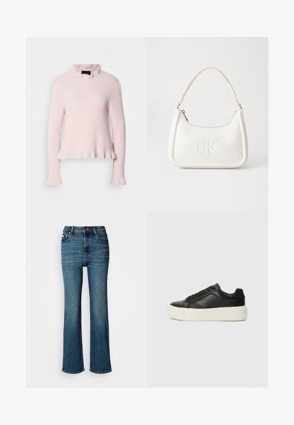 Light pink, long-sleeve sweater with a ribbed texture, frilled neckline, and hem. Relaxed fit with fitted sleeves. Casual design.; High-waisted blue jeans made of denim, featuring a straight leg design, subtle fading, and a standard button and zipper closure.; Black leather sneaker with a rounded toe, white platform sole, and black laces. Features a subtle logo on the heel and smooth texture.; White leather handbag with a curved shape, featuring an embossed "CK" logo on the front and a single shoulder strap. Zipper closure at top.