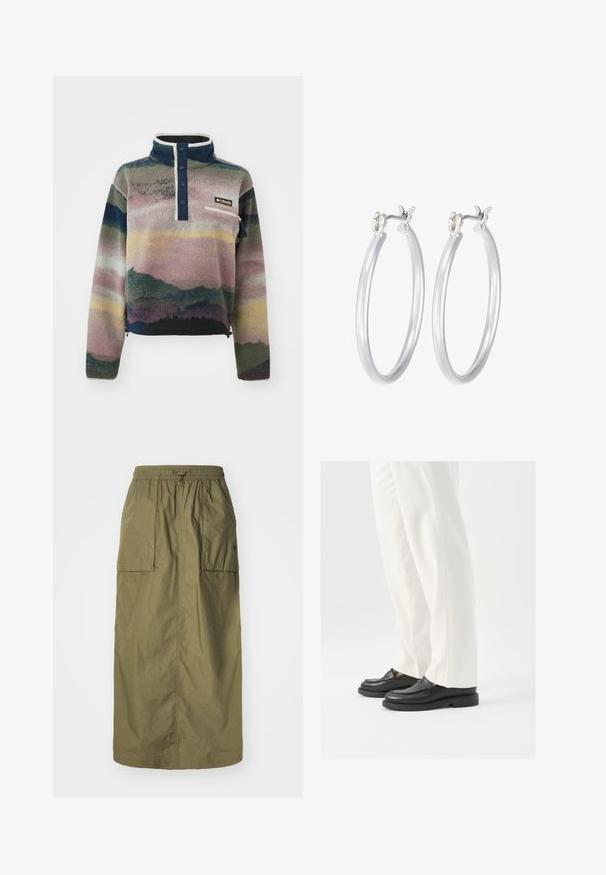 Columbia HELVETIA™ II PRINTED CROPPED HALF SNAP - Fleecová mikina - collegiate navy dolomites; Olivově zelená sukně střední délky vyrobená z lehké tkaniny, s elastickým pasem, stahovací šňůrou a dvěma bočními kapsami.; Černé kožené mokasíny s hladkým povrchem, švovými detaily a zaoblenou špičkou, kombinované s bílými saka kalhotami.; Stříbrné kruhové náušnice s hladkým, lesklým povrchem. Kulatý tvar a bezpečné zapínání na klip. Lehký design vhodný pro každodenní nošení.