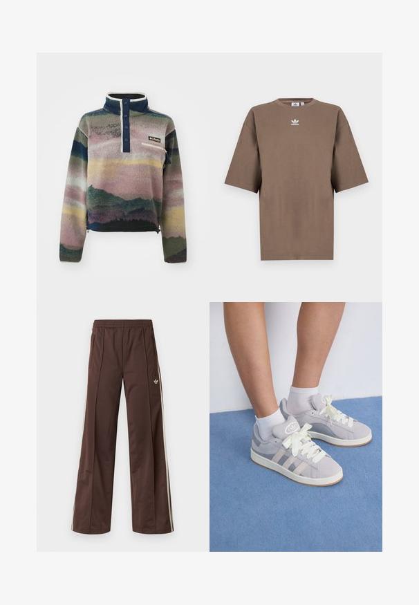 Columbia HELVETIA™ II PRINTED CROPPED HALF SNAP - Polárpulóver - collegiate navy dolomites; Barna pamut póló rövid ujjakkal, kerek nyakkal és fehér Adidas logóval a mellkason, egyszerű dizájnnal és laza szabással.; Barna sportnadrág széles szárú kialakítással, fehér oldalsávokkal, rugalmas derékpánttal és két oldalzsebbel. Kis logó található a lábon.; Szürke velúr sportcipők fehér fűzővel és gumi talppal, az oldalán három ferde csíkkal és a nyelvén logo folttal.