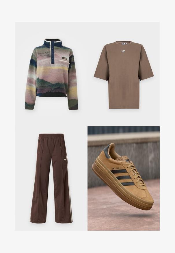 Columbia HELVETIA™ II PRINTED CROPPED HALF SNAP - Camisola de lã polar - collegiate navy dolomites; T-shirt de algodão castanho com mangas curtas, decote redondo e logo branco da Adidas centrado no peitoral, apresentando um design simples e um corte descontraído.; Calças desportivas castanhas com design de perna larga, riscas laterais brancas, cintura elástica e dois bolsos laterais. Apresentam um pequeno logótipo na perna.; Tênis de camurça bege com uma textura suave, apresentando três riscas escuras, um bico arredondado e uma sola mais grossa com uma borda padronizada.