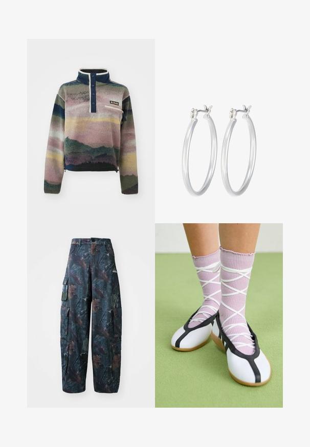 Columbia HELVETIA™ II PRINTED CROPPED HALF SNAP - Felpa in pile - collegiate navy dolomites; Pantaloni cargo mimetici in verde scuro e marrone, con numerose tasche e una vestibilità ampia, realizzati in un tessuto leggero e resistente.; Scarpe bianche flat con bordi e suola nera, abbinate a calze a coste di un delicato viola chiaro con fasce bianche incrociate. Ambientate su uno sfondo verde.; Orecchini a cerchio in argento con una finitura liscia e lucida. Forma rotonda e chiusura a scatto sicura. Design leggero adatto per l'uso quotidiano.