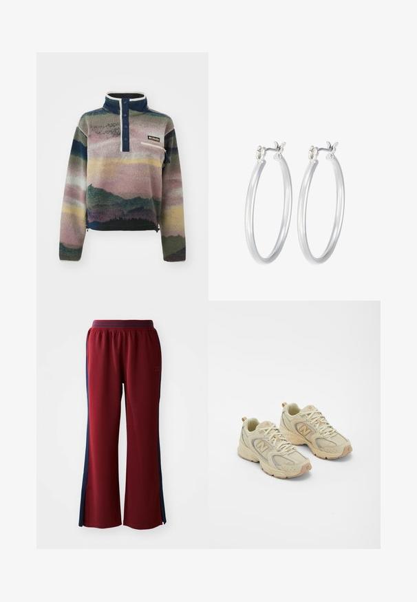 Columbia HELVETIA™ II PRINTED CROPPED HALF SNAP - Fleecetrøjer - collegiate navy dolomites; Røde sweatpants med en løs pasform, med marineblå sidelister og et bredt ben design. Elastisk talje for komfort.; Beige atletik sko med mesh-overdel, teksturerede detaljer og gummisål. Har et fremtrædende logo på siden og snørelukning.; Sølv hoop øreringe med en glat, poleret overflade. Rund form og sikker klik-lukning. Letvægtsdesign, der er velegnet til hverdagsbrug.