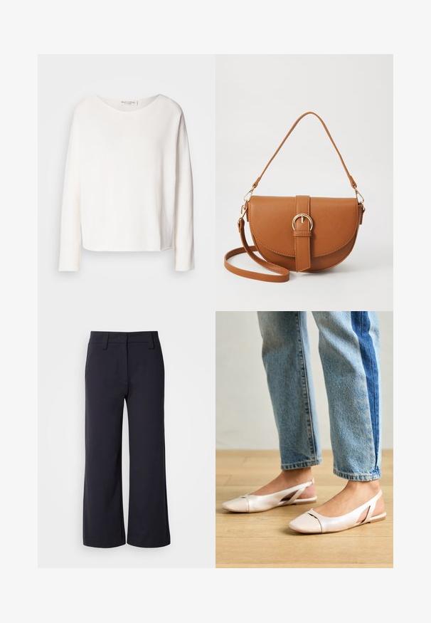Top de manga longa, com decote redondo, em tecido branco leve e suave com um ajuste relaxado. Apresenta uma bainha limpa e sem hardware visível.; Calças largas de tecido azul marinho escuro. Apresentam uma frente lisa, passantes para cinto e bolsos laterais. O material é suave com um ligeiro alongamento.; Sapatilhas slingback de cor rosa pálido com bico fino, feitas de um material semelhante a couro liso. Apresentam detalhes recortados nas laterais e um salto plano.; Bolsa transversal de couro castanho com um formato curvado, ferragens douradas e um detalhe de fivela. Inclui uma alça de ombro destacável.