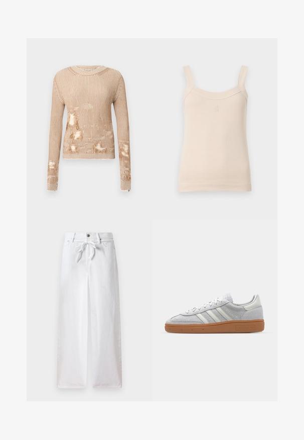 Béžā adīta džempera ar garām piedurknēm, ar vertikālām ribām, nodiluma vietām un atverēm priekšpusē un piedurknēs.; Beige ribota veste ar plānām siksnām un noapaļotu kakla izgriezumu. Priekšpusē ir izšūts logs. Gluda tekstūra, pieguļošs dizains.; Baltās platā kāju bikses, izgatavotas no kokvilnas. Aprīkotas ar saiti jostā un pogu aizdari. Gluda tekstūra ar minimālistisku dizainu.; Gai pelēki zamšīgās kedas ar baltām ādas detaļām, trim baltām līnijām un brūnu gumijas zoli, ar mīkstinātu apkakli komforta nodrošināšanai.