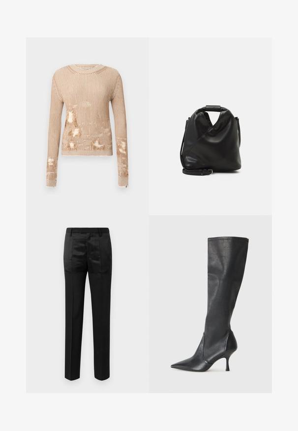 Beiger gestrickter Pullover mit langen Ärmeln, der vertikale Rippung, abgenutzte Stellen und Öffnungen an Vorderseite und Ärmeln aufweist.; Schwarze maßgeschneiderte Hosen mit geraden Beinen und einem Bund mit Gürtelschlaufen, ausgestattet mit einer Mischung aus matten und glänzenden Stoffpaneelen.; Knöchelhoche schwarze Lederstiefel mit einer spitzen Zehe und einem schlanken Stiletto-Blockabsatz. Glatte Textur mit einer enganliegenden Passform und Nähten am oberen Rand.; Schwarze, weiche Ledertasche mit einem einzigartigen verdrehten Design. Hat einen kurzen Griff und einen abnehmbaren Schultergurt. Minimalistischer Stil.