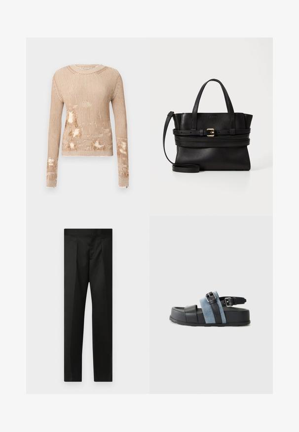 Maglione beige lavorato a maglia con maniche lunghe, caratterizzato da costine verticali, aree sfrangiate e aperture sulla parte anteriore e sulle maniche.; Pantaloni neri realizzati in un tessuto morbido, design su misura, gambe dritte e una vita piatta senza chiusure o tasche visibili.; Sandalo nero e blu con una piattaforma spessa, materiale in pelle e denim, fibbia regolabile e design open-toe.; Borsa a tracolla in pelle nera con design strutturato, doppi manici superiori, strap rimovibile e accentuazione in oro su una fascia orizzontale.
