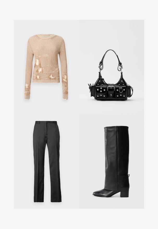 Beežist kootud kampsun pikkade varrukatega, millel on vertikaalne soonik, kulunud kohad ja avad ees ning varrukatel.; Kohandatud mustaed püksid, mis on valmistatud siledast kangast. Omavad sirget säärt, lamedat esiosa ja peent voldi detaili.; Mustad mustad, millel on sile viimistlus, ruudukujuline varvas, plokk-konts ja küljel vajalikud paela detailid reguleeritavaks sobivuseks.; Must värvi nahast käekott, millel on kaarjas disain, hõbedased nupukesed, kinnitusahe ja kaks külgtaskut. Reguleeritav rihm erinevate kandmisvõimaluste jaoks.