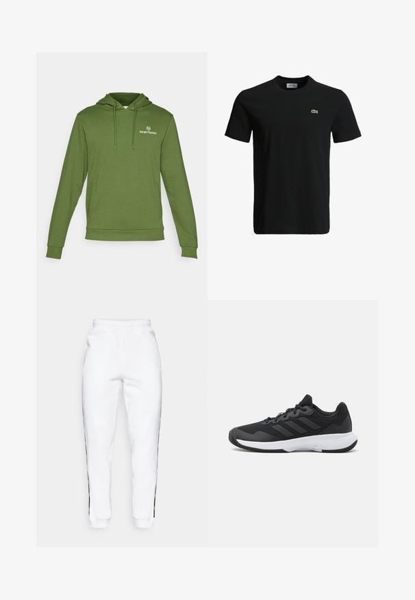 Grønn hettegenser laget av mykt stoff, med snor i hetten, kengurulomme og et lite logo på brystet. Enkelt design og tekstur.; Svart bomulls T-skjorte med rund hals, korte ermer, og en liten grønn krokodille-logo på venstre bryst. Glatt tekstur, uformelt design.; Hvite joggebukser med elastisk midje, med svarte sidestriper og mansjetter. Laget av myk stoff med en glatt tekstur.; Svart idrettssko med teksturert overdel, tre horisontale striper, og en hvit såle med mønstret gummibunn. Lettvekts og strømlinjeformet design.