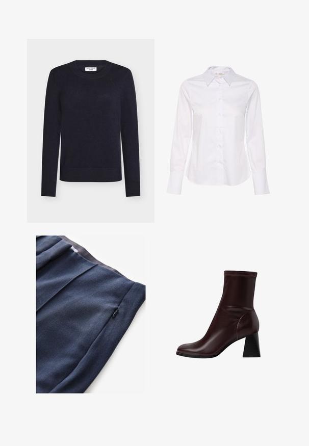 Tmavomodrý pletený sveter s okrúhlym výstrihom, dlhými rukávmi a rebrovanými manžetami a lemom. Vyrobený z mäkkej tkaniny pre pohodlné nosenie.; Biela košeľa s dlhým rukávom s klasickým golierom, gombíkovým zapínaním vpredu a rovnými lemami. Vyrobená z hladkej látky s jednoduchým dizajnom.; Námornícke modré nohavice s textúrovanou tkaninou, so bočnou vreckou na zips a skladaným detailom na páse.; Stradivarius BLOCK - Klasické členkové čižmy - dark red