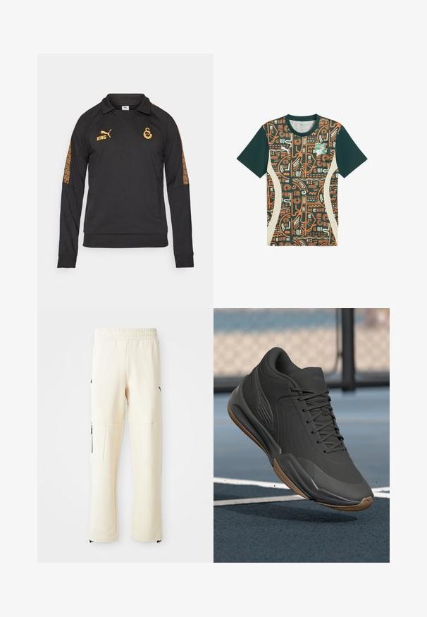 Must musträkkiga musta värvi pullover, millel on krae, ning millel on oranžid logod ja mustrilised aksendid varrukatel. Valmistatud tekstuurilisest kangast.; Puma sportlik särk, millel on roheline keha, oranž hõimupattern ja beežid külgpanelid. Särk sisaldab ka embleemi stiliseeritud loomadekujundusega.; Heledad beežid dressipüksid, mis on valmistatud pehmest kangast. Omaduseks must logo, küljetaskud lukuga ja lõdvestatud lõige.; Mustad mustreejal, millel on sile sünteetiline pealis, tekstuuriga aktsendid ja kummist tallad, loodud soorituse ja mugavuse tagamiseks.