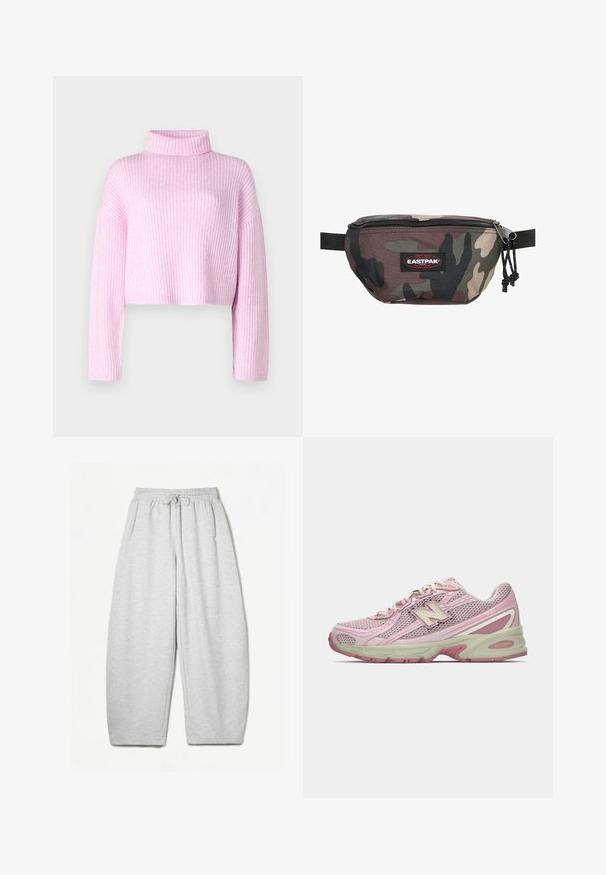 Maglione rosa a costine con collo alto, design cropped e maniche lunghe. Il tessuto testurizzato presenta sottili strisce verticali.; Pantaloni della tuta grigio chiaro con una vestibilità rilassata, vita elasticizzata, cordoncino e tasche laterali; realizzati in un morbido tessuto testurizzato.; Sneaker New Balance 740 in rosa e beige con tomaia in mesh e sintetico, chiusura con lacci e suola imbottita, mostrato in profilo laterale.; Marsupio camouflage realizzato in tessuto resistente, caratterizzato da una chiusura con zip, una tracolla regolabile e un'etichetta rossa con il logo Eastpak sul davanti.
