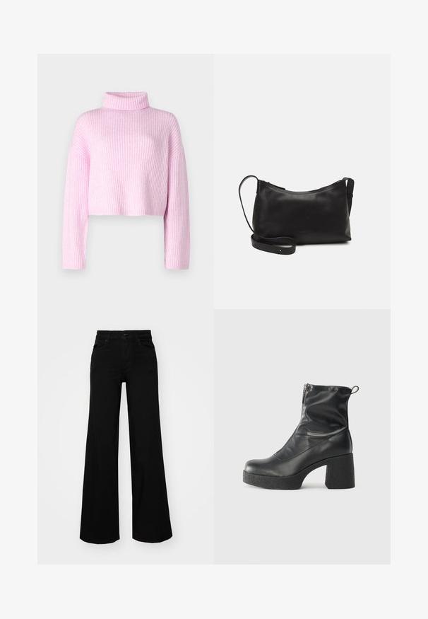 Pink ribbed sweater with a high neck, cropped design, and long sleeves. Textured fabric features subtle vertical stripes.; Black wide-leg pants made of denim, featuring a structured waistband, belt loops, and front pockets. Smooth texture with a classic design.; Black ankle boots made of smooth leather, featuring a side zipper, chunky textured heel, and rounded toe design.; Black leather shoulder bag with a smooth texture, curved shape, adjustable strap, and a zip closure. Minimalist design without embellishments.