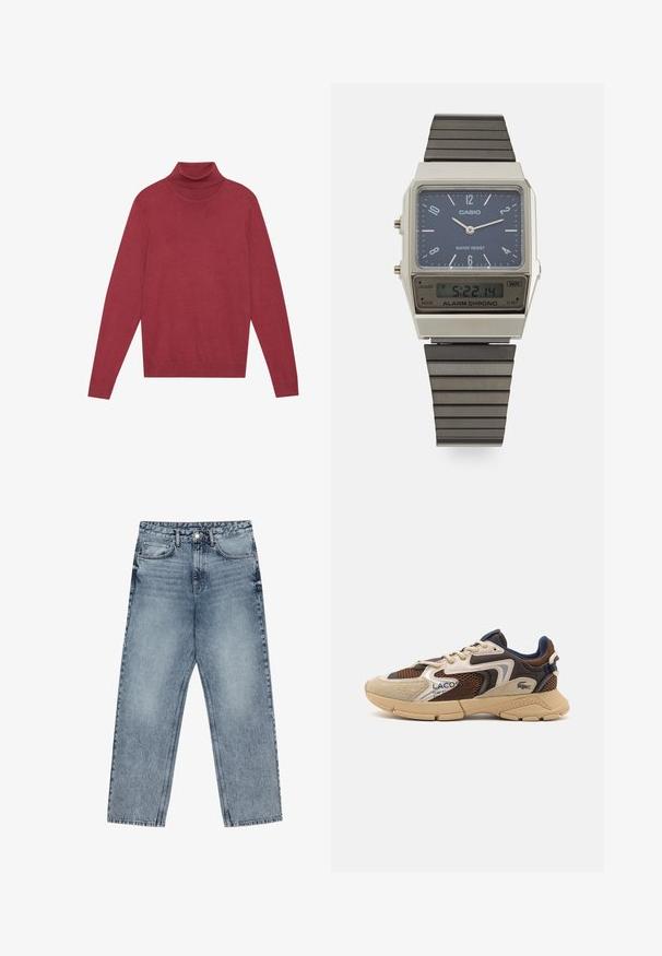 Rotem Rollkragenpullover aus weichem Strickstoff. Verfügt über lange Ärmel und eine taillierte Form. Glatte Textur ohne sichtbare Muster oder Beschläge.; Hellblaue Jeans aus Denim mit geradem Schnitt, sichtbaren Nähten, fünf Taschen-Design und einem Knopfverschluss an der Taille.; Beige und braune Sneakers mit strukturierten Netzpaneelen, Wildlederakzenten und einer Gummisohle. Verfügt über ein Schnürdesign und Marken-Detailing.; Casio Digitaluhr mit blauem Zifferblatt, silbernem Gehäuse und geschichtetem schwarzen Gummiband. Zeigt Uhrzeit und Alarm Einstellungen an. Wasserdicht.