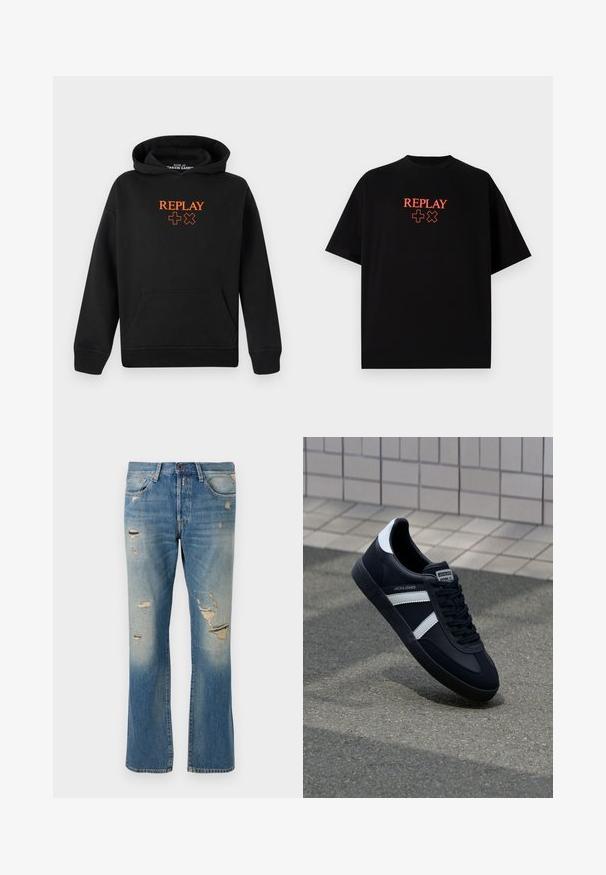 Čierna mikina s kapucňou vyrobená z bavlnenej zmesi s kangaroo vreckom. Na prednej strane má oranžové logo "REPLAY" a znaky plus.; Čierne bavlnené tričko s krátkym rukávom, okrúhlym výstrihom, s červeným logom "REPLAY" a symbolmi zarovnanými centrálne na hrudi.; Svetlo modré denimové džínsy s voľným strihom, s poškodenými detailami a roztrhnutými záplatami, so štandardným dizajnom piatich vreciek a zapínaním na gombík.; Čierne kožené tenisky s bielymi pruhmi, textúrovanou gumovou podrážkou a šnurovaním vpredu. Obsahujú označenie značky na jazyku.