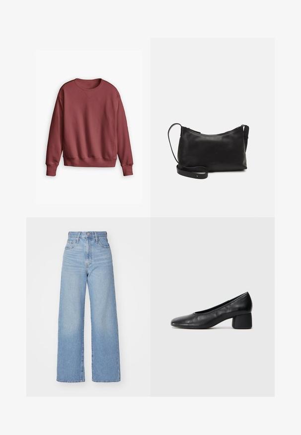Levi's® NIAGARA czerwony melanż; Jasnoniebieskie jeansy z wysokim stanem i szerokimi nogawkami, z zapięciem na guziki i zamek z przodu, przednie i tylne kieszenie, na białym tle.; Czarne skórzane szpilki z zaokrąglonym noskiem i średnim obcasem. Gładka tekstura z minimalnymi detalami, z subtelnym elastycznym wykończeniem.; Czarna skórzana torba na ramię o gładkiej fakturze, zakrzywionym kształcie, regulowanym pasku i zapięciu na zamek. Minimalistyczny design bez zdobień.