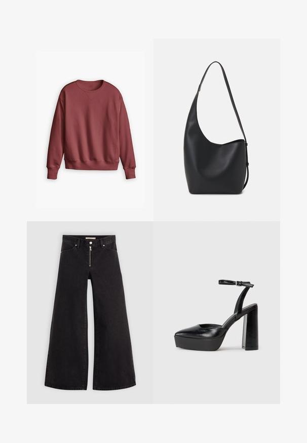 Levi's® HERITAGE CREW SIGNATURE GD NIAGARA MI - Felpa - ng signature gd niag; Jeans a gamba larga in denim nero con chiusura a zip, design a cinque tasche e dettagli di cucitura sottili. Texture morbida e stile casual.; Tacchi a piattaforma neri con punta appuntita e cinturino regolabile alla caviglia. Realizzati in pelle liscia, presentano un tacco a blocco spesso.; Borsa hobo nera in pelle con una superficie liscia, forma curvata e una singola tracolla regolabile; presenta un'ampia apertura nella parte superiore.