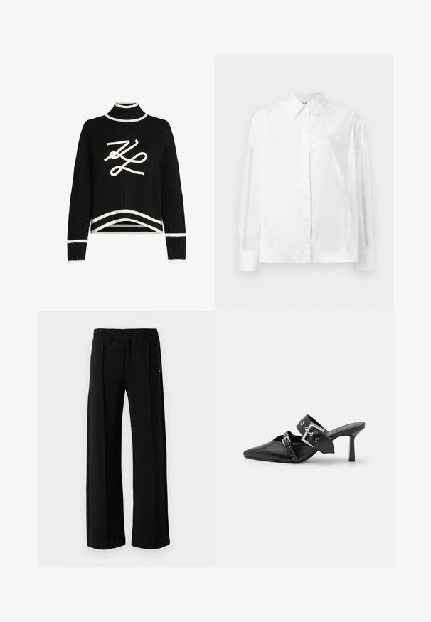 Melnas adītas džemperis ar augstu apkakli, baltām akcentiem pie piedurknēm un apakšmalas, kas priekšā papildināts ar izteiktu baltu logo grafiku.; Balta, garām piedurknēm, ar pogām aizpogājama krekla no gludas kokvilnas šķiedras. Tam ir klasiskā apkakle, priekšējā aizpogājamā daļa un noapaļotas aproces.; Melni taisni bikses ar elastīgu jostasvietu un smalku teksturētu rakstu visa auduma garumā uz baltas fona.; Melnas augstpapēžu mūles ar norādītu purngalu, izgatavotas no gludas ādas. Iekļauj plašu potītes siksnu ar kvadrātveida sudraba sprādzi un kniedēm.