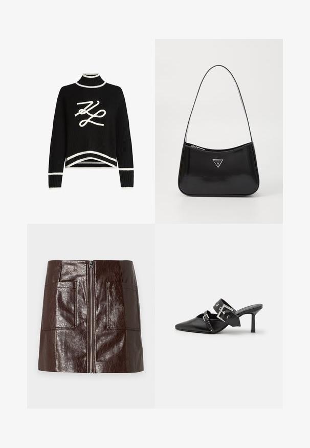 Fekete kötött pulóver magas nyakkal, fehér díszítéssel az ujjak végén és az alján, elől hangsúlyos fehér logó grafikával.; Barna műbőr mini szoknya, elülső cipzárral, két nagy elülső zsebbel és sima, fényes felülettel.; Fekete magassarkú mules, hegyes orral, sima bőrből készült. Széles bokapántja van, négyzet alakú ezüst csattal és szegecsekkel.; Fekete lakkbőr válltáska ívelt formával, ezüst háromszög logóval és cipzáros záródással. Simaság jellemzi és vékony pántja van.