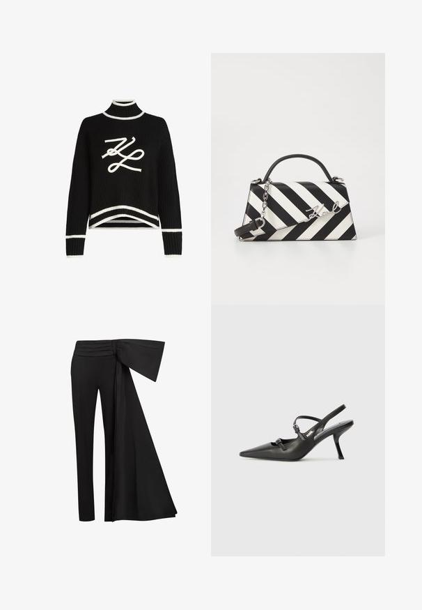 Svart stickad tröja med hög krage, vita detaljer vid muddar och fåll, med en framträdande vit logotypgrafik på framsidan.; Svarta byxor med en bred, draperad sashesdetalj vid midjan. Slät tyg, rak benklippning och veckad midja.; Svarta läderklackar med slingback, spetsig tå, smal klack och dekorativ spänndetalj på ovansidan. Slät struktur och stilren design.; Svart och vit randig handväska med en strukturerad form, som har ett handtag upptill, en avtagbar kedjesnodd och en metallisk logotypdetalj.