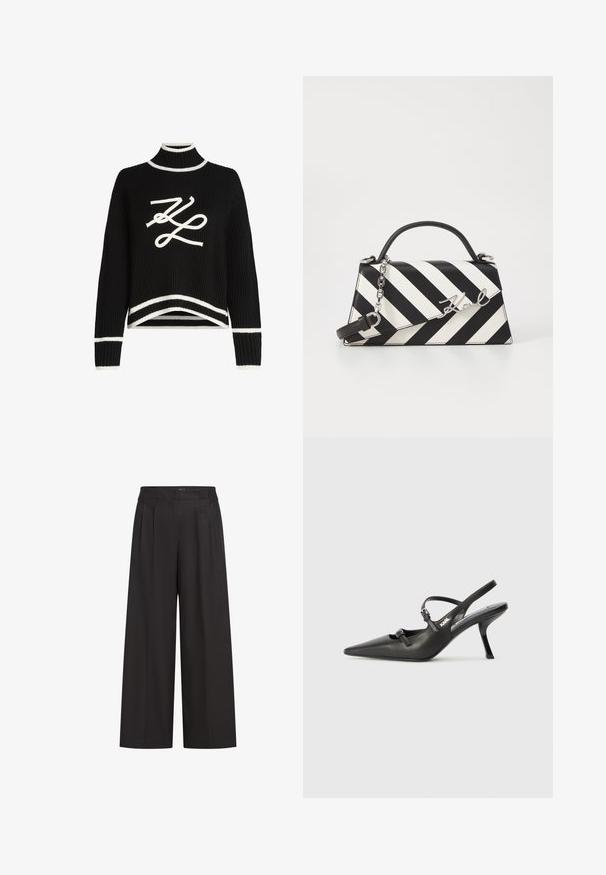 Melnas adītas džemperis ar augstu apkakli, baltām akcentiem pie piedurknēm un apakšmalas, kas priekšā papildināts ar izteiktu baltu logo grafiku.; Melni platleņķa bikses ar augstu jostu, ar priekšējiem krokām un gludu tekstūru. Izgatavotas no viegla auduma.; Melnas ādas slingback papēži ar norādītu purngalu, izsmalcinātu papēdi un dekoratīvu sprādzi uz priekšpuses. Gluda tekstūra un elegants dizains.; Melnām un baltām svītrām rotāta rokassoma ar strukturētu formu, ar augšējo rokturi, noņemamu ķēdes siksnu un metāla logotipa akcentu.